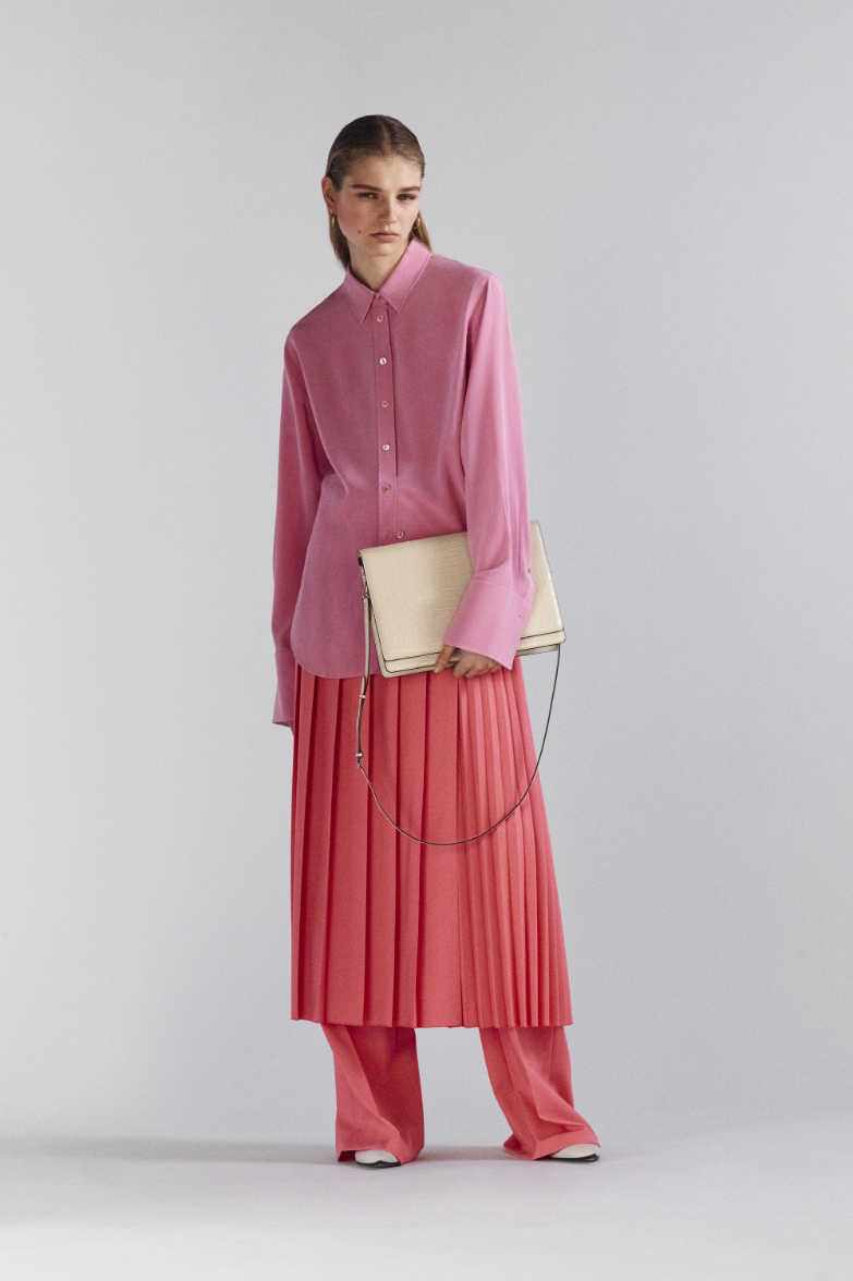 Joe Silk Shirt / Sallis Light Wool Suiting Skirt